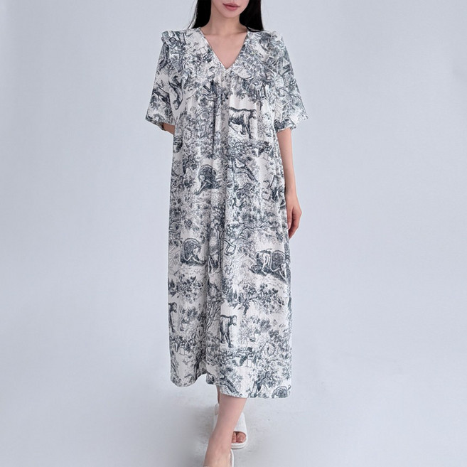 행복여 아벨 드로잉 프릴 브이넥 파자마 홈웨어 잠옷 원피스