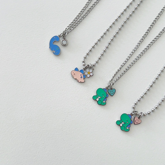 오늘출발 [KC인증/각인무료] 써지컬스틸 공룡삼총사 탄생석 미아방지 목걸이 팔찌, 티라노, 면체인 목걸이 (35+3cm), 스마일하트(민트), 1개