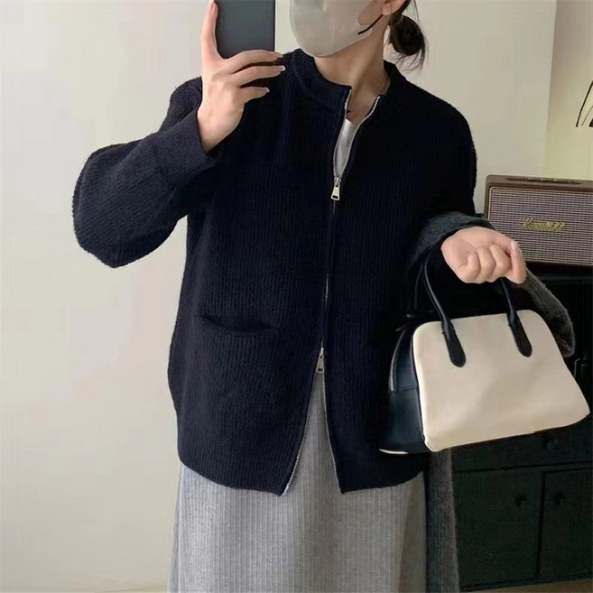 스웨터 가디건 니트 코트 여자 가을 겨울 라운드넥 슬림핏 순색 양면 지퍼 숏 고급 봄 가을 디자인 빈티지 투웨이 코트 루즈핏 캐주얼 데일리