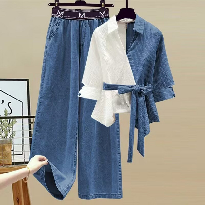 빅사이즈 여성 캐주얼 셋업 여름 루즈핏 셔츠 와이드바지 배색 투피스