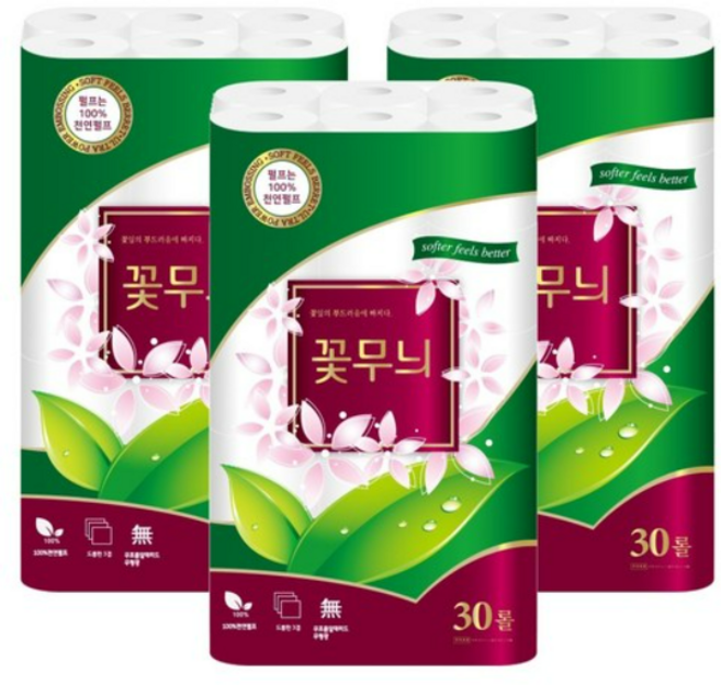 한아름산업 천연펄프 꽃무늬 화장지 3겹 30m, 90롤, 12개