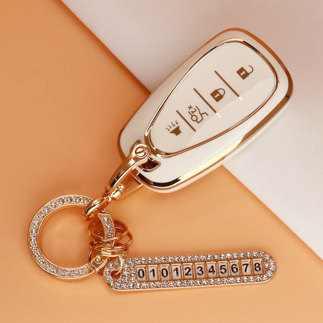 유투카 스마트 키케이스 호환 트랙스 크로스오버 트레일 블레이저 더뉴 크루즈 올뉴 더뉴 말리부 이쿼녹스 볼트EV 더뉴 아베오 TPU 키케이스 키홀더 차 키커버 키링, TC-04, 골드_아이보리