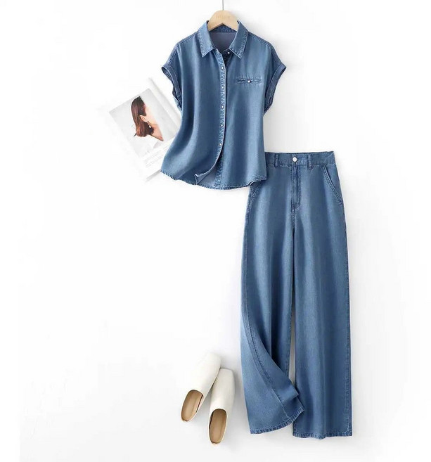 HANLIN 여름 여성 칼라 허리 텐셀 밴딩 와이드 팬츠 데님셔츠 캐주얼 투피스 세트 R8N2V5F
