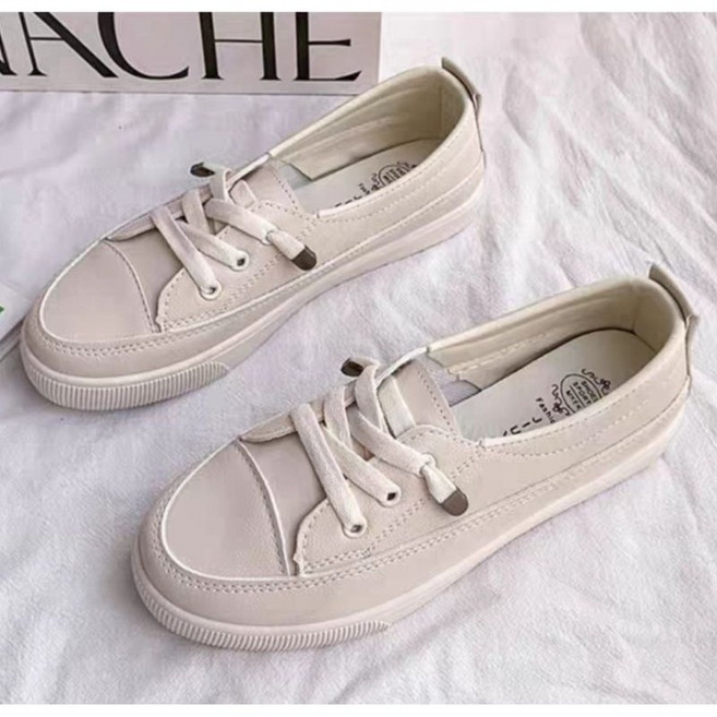 LIUYUO 女款休閒懶人平底鞋 小白鞋款 淺杏色