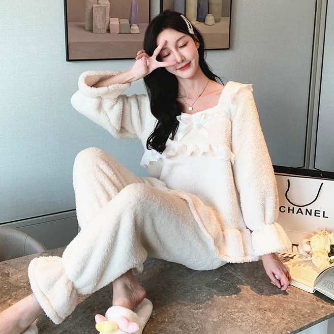 Y.GA 겨울 도톰한 기모 보온 귀여운 여자 공주 잠옷 세트 여성 편안한 홈웨어 캐주얼 잠옷 브이넥 긴팔 바지 슬립 파자마