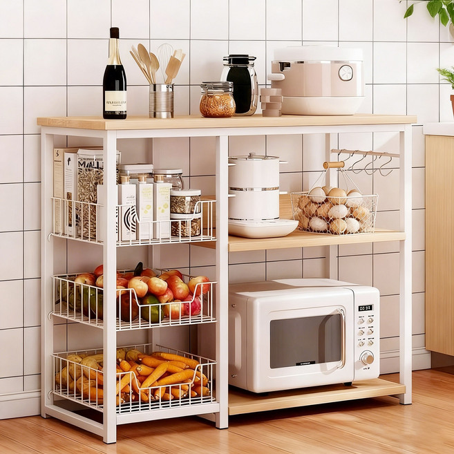 KURUA 주방 다용도 수납장, 3단, 오크화이트