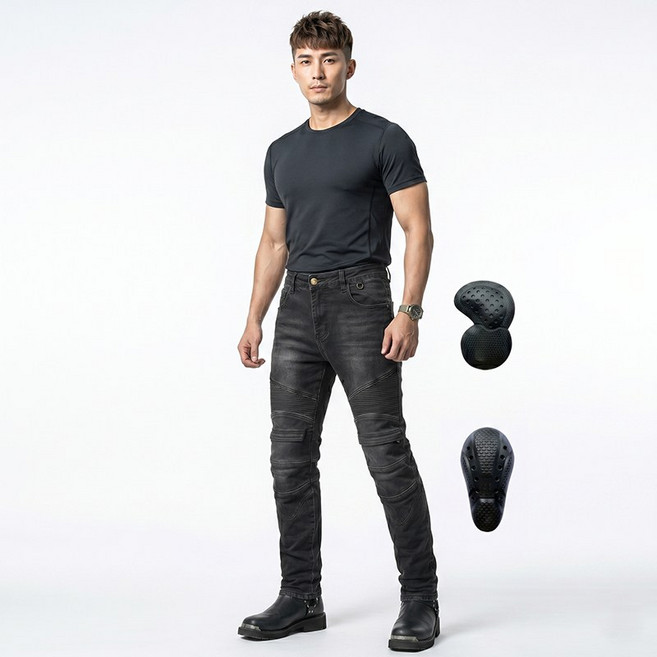 남성용 겨울용 기모 바이크 라이딩 진 무릎 골반 보호대 포함 오토바이 청바지 JES-13-L, 블랙+무릎보호대