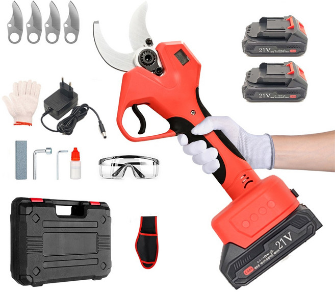 [QZMY]독일기술 21V BLDC모터 무선 충전식 전동 전지가위 60mm 나무 가지치기 배터리2개, 1세트