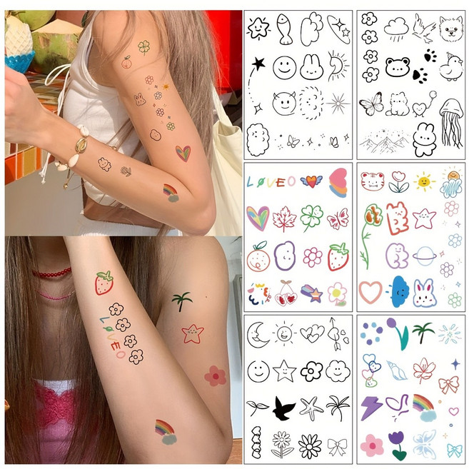 루루엔픽 감성 여행 컬러 미니 타투 귀여운 방수 우정 커플 스티커 6종세트, 1개