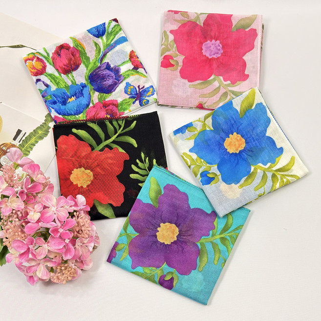 아사면 손수건 5매 1세트 여성 플라워 거즈 목 손수건 데일리 휴대용 선물용 쁘띠 등산 두건 미니스카프