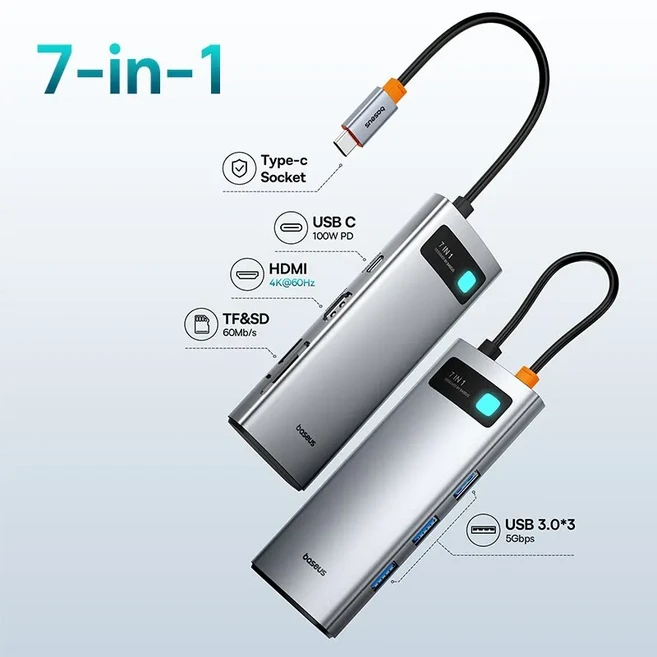 Baseus C타입 포트 SD/TF 카드 리더 맥북 아이패드 M2 M1 스팀 데크용 7-in-1 2 세대 USB C 허브 4K @ 6, 01 실버