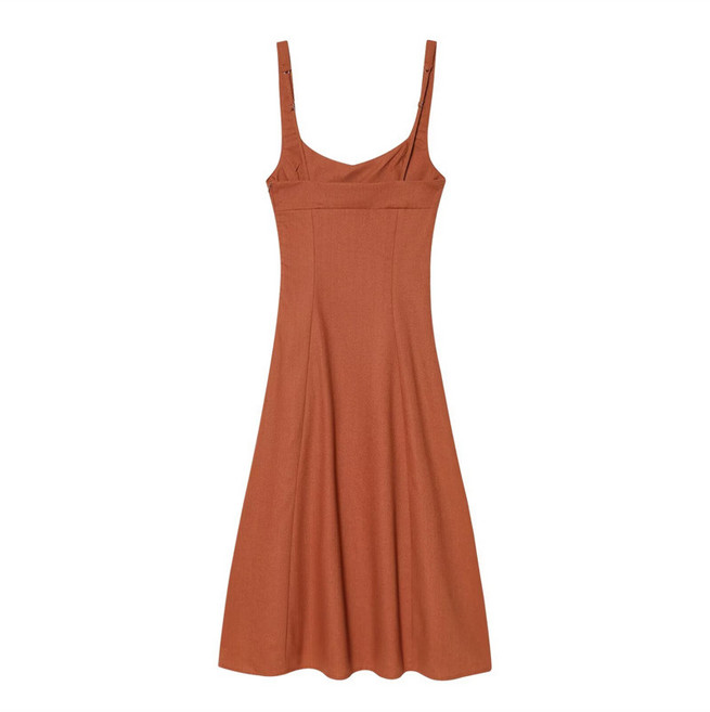 【亞麻波點】吊帶連衣裙 連衣裙 女裝 夏裝 法式復古 度假風 修身顯瘦 歐美外貿新品 通勤約會, 焦糖色