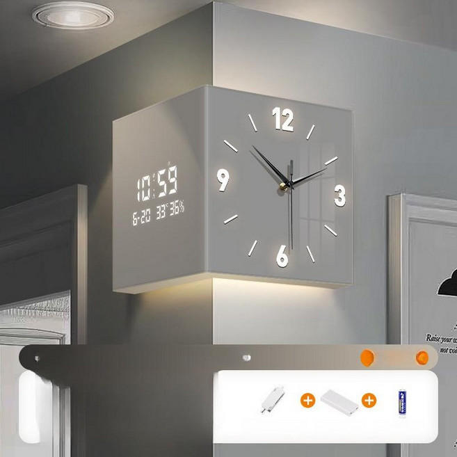 거실 사각지대 없는 코너형 양면 시계 벽걸이 무소음 포인트, 조명있는 순백색 전자시계 충전형 + 센서스위치, 12inch