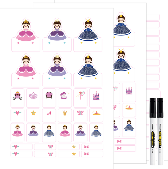 드림팜 방수네임스티커 라벨스티커 A4*2장 무지 A4*1장 + 네임펜 2개, 프린세스-화이트바탕