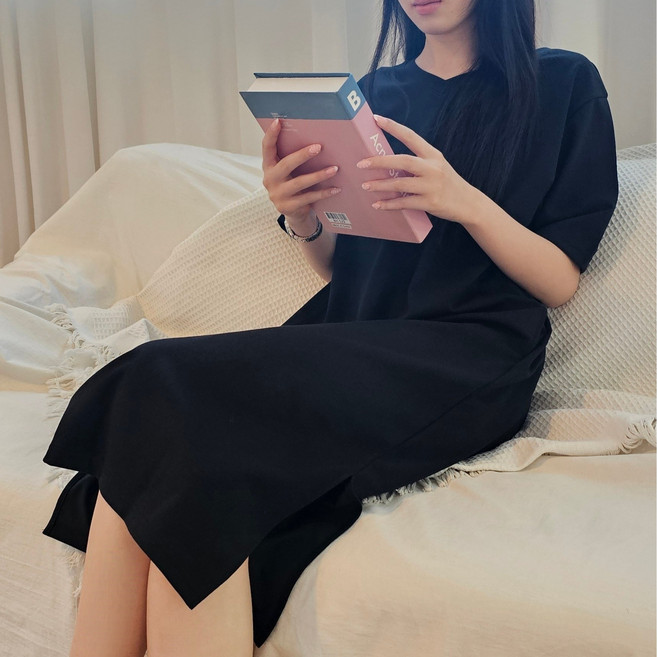 여성 데일리 심플 반팔 옆트임 롱 원피스