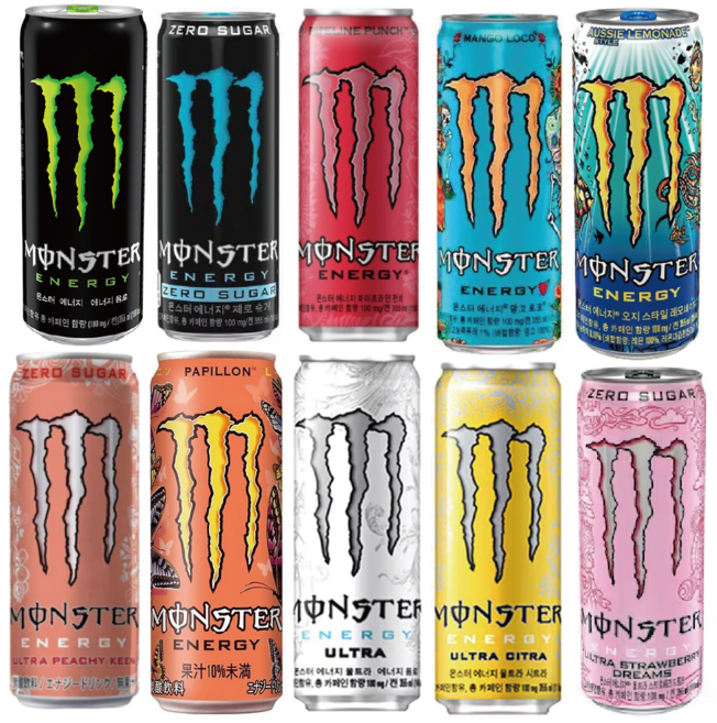 몬스터에너지드링크 10종세트 2개씩(그린+제로+파이프라인+망고로코+레모네이드+피치킨+울트라+시트라+스트로베리+파피용), 20개입, 355ml