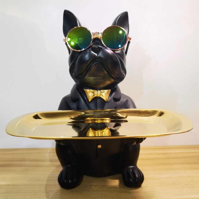 불독 차키 트레이 보관함 북유럽 인테리어 악세사리 다용도 시계 열쇠 현관 트레이 저금통 3종, 블랙