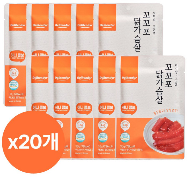 델리텐더 닭가슴살 육포 저칼로리 고단백 저지방 다이어트 간식 30g 허니콤보맛, 20개
