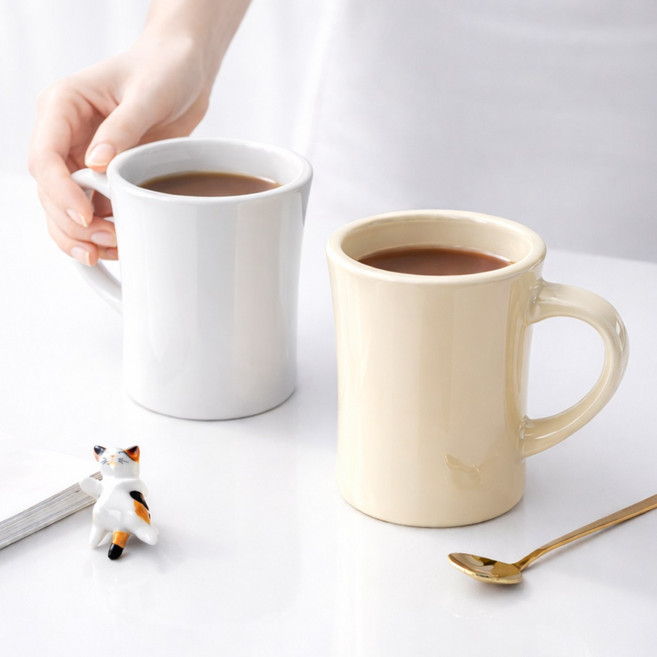 ROYAI ONE 예쁜 도자기 머그컵 머그잔 커피잔 350ml, 2개, 하얀색+노란색