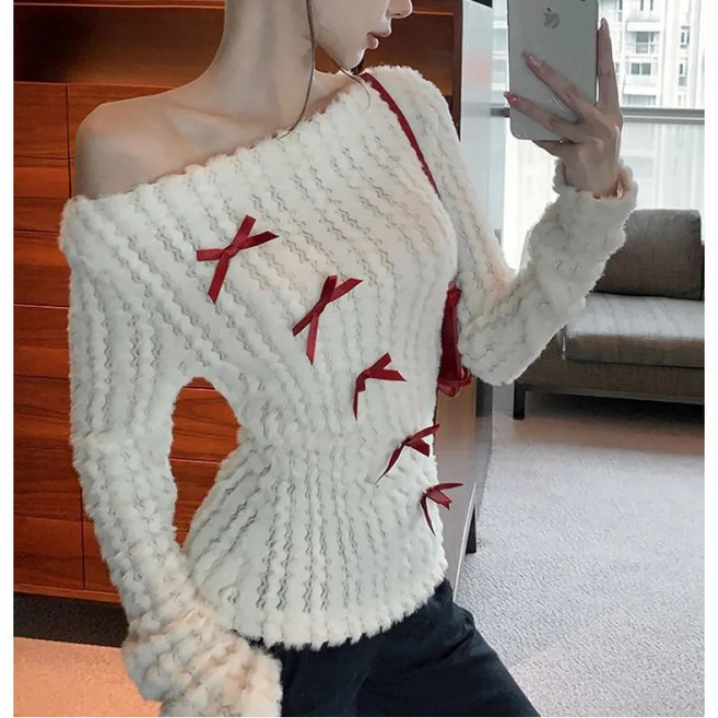 COSYEVNO 여성 스웨터 가을 리본 모던 캐주얼 컴포트 긴팔 숏 톱 CXJsy-14