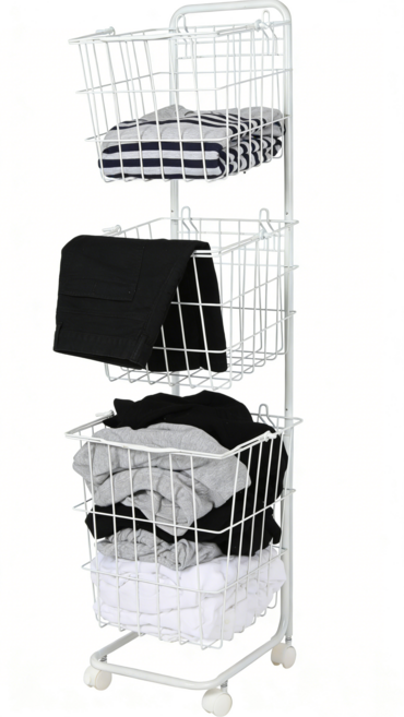 리빙가감법 철제 와이어 빨래 바구니 이동식 빨래통 세탁바구니 수거함 보관함 대용량 2단 빨래바구니 철재, 화이트, 3단 1개
