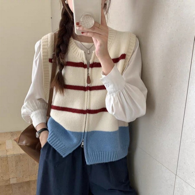 Makone 여성 라운드넥 스트라이프 심플 캐주얼 데일리 집업 니트조끼