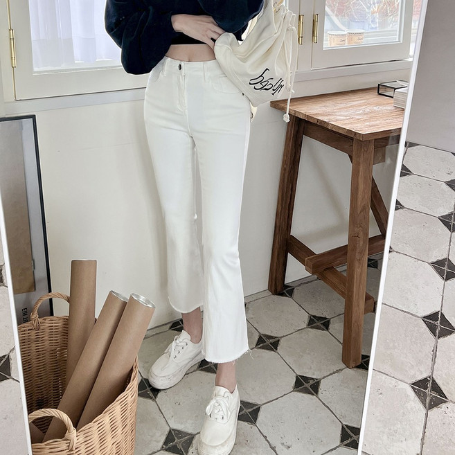 큐니티 여성용 봄 데일리 키작녀 세미 부츠컷 청바지 하이웨스트 밑단 컷팅 데님 팬츠(3cloor)