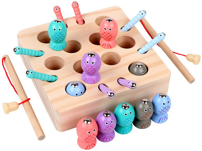 최신형 물고기 애벌레 원목 자석 낚시놀이 장난감, 1세트