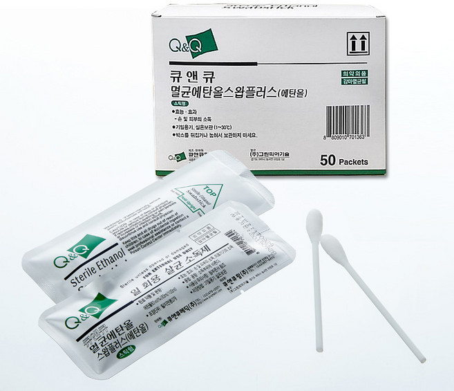 큐앤큐 멸균 에탄올 스틱스왑 50포(100개) 알콜 소독면봉, 1개