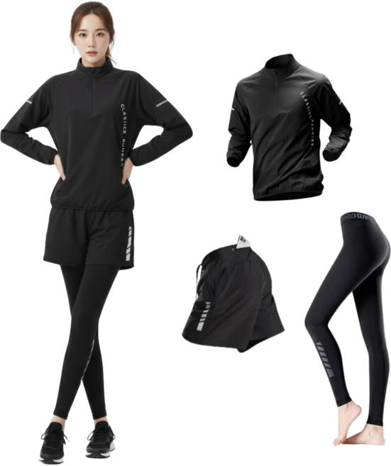 BYMSPORT 여성 런닝복 스포츠웨어 상하 운동복 세트 (긴팔+포켓반바지+긴레깅스)