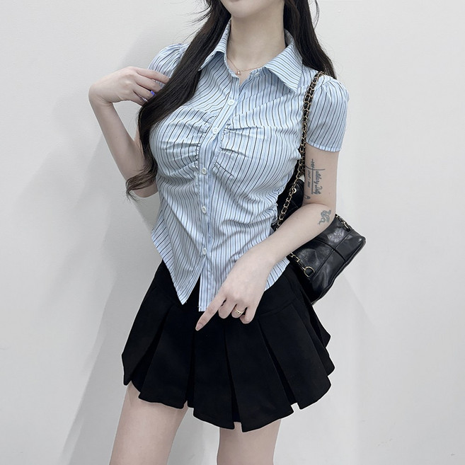 VANANA2 여성 체형커버 볼륨 퍼프 허리라인 셔링 포인트 카라넥 반소매 크롭 셔츠