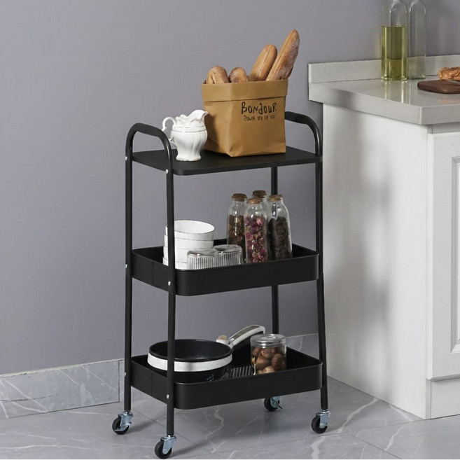 라온프리 튼튼한 철제 이동식 트롤리, 블랙, 3단