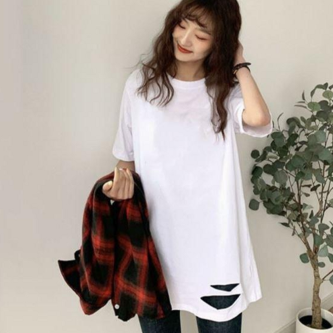 [엔젤D] 여성 밑단 컷 루즈핏 박스 롱 반팔 티셔츠