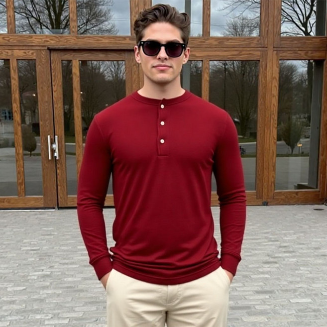 [펜타온] 와플조직 3버튼 스탠다드 아미핏 긴팔 라운드 티셔츠