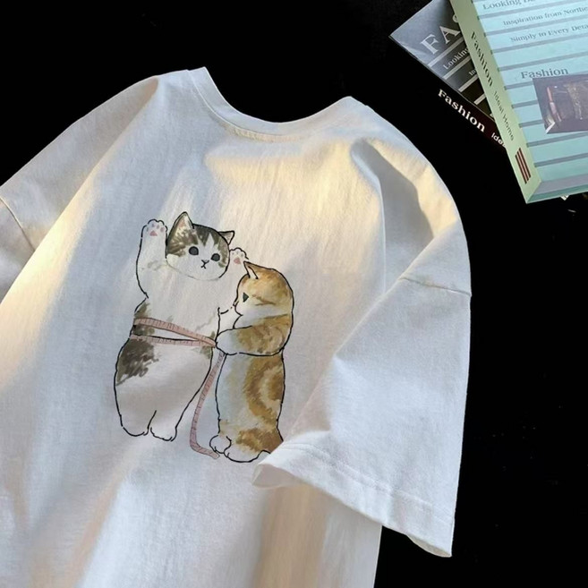 루비루 RB3125 순면 남녀공용 라운드넥 고양이 오버핏 반팔 티셔츠