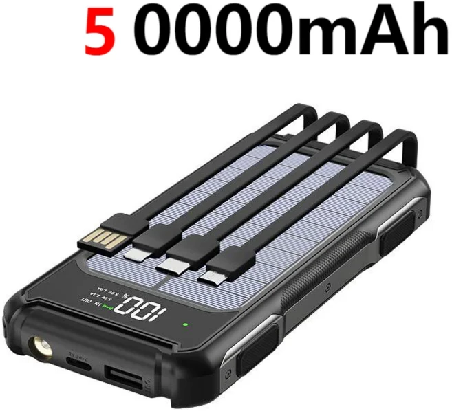 80000mAh 대용량 휴대용 야외 태양광 모바일 보조배터리 4 in 1 내장 케이블 LED 디지털 디스플레이 (아이, 06 50000mAh black