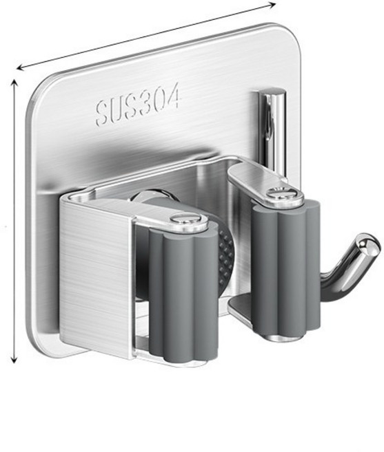 minh 스테인리스 다용도 청소도구 걸이 무타공 스티커 벽걸이 정리대 밀대 걸이 2개세트, 실버, 1개