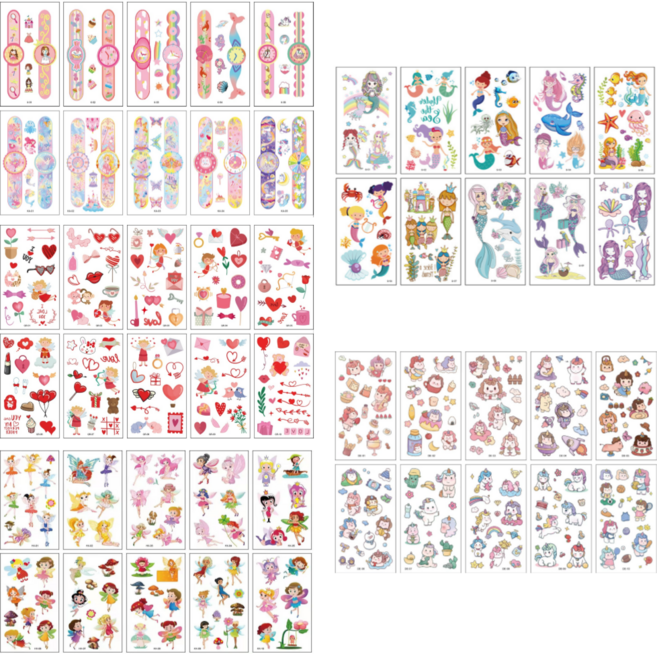(50장세트) 여아테마 어린이타투 스티커 판박이 (인어+유니콘+요정+하트+시계) 여아용 어린이집 유치원 놀이수업 재료, 1세트, 인어 요정 유니콘 하트 시계 5종