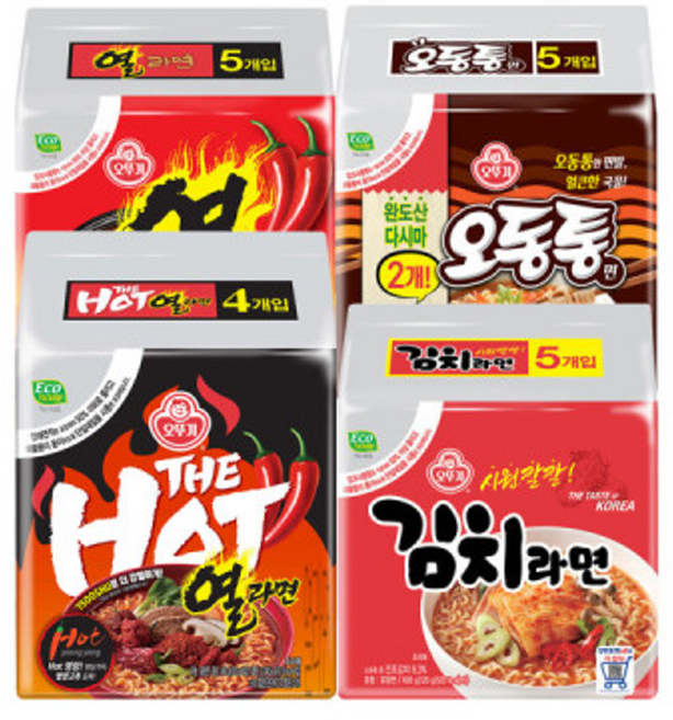 더핫열라면 120G 4개 + 오뚜기 열라면 120g 5개 + 오뚜기 김치라면 120g 5개 + 오뚜기 오동통면 120g 5개, 19개