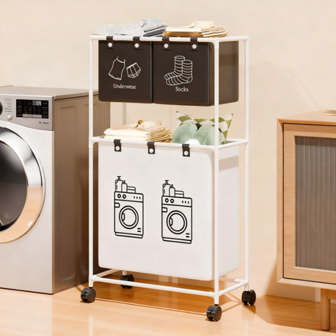 풀리 다단 대용량 수납 더러운 옷 바구니 가정용 세탁 화장실 수납 바구니 분류 바구니, 화이트+블랙
