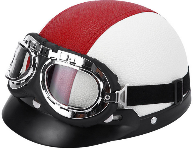 外貿頭盔四季款電車復古盔半盔輕便皮盔腳踏車安全帽保暖騎行頭盔, 白紅色配亮面眼鏡(升級款)