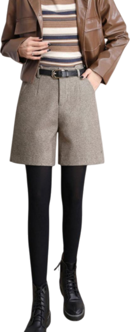 Makone 여성 가을 겨울 하이웨스트 5부 바지 패션 모직 반바지