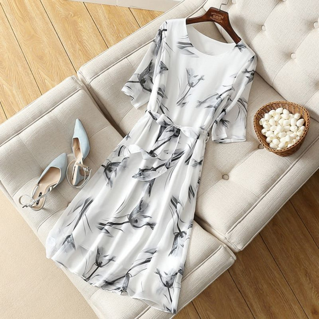 별후이 여성용 여름 빅사이즈 쉬폰 5부 슬림핏 미디 원피스 24RA07J