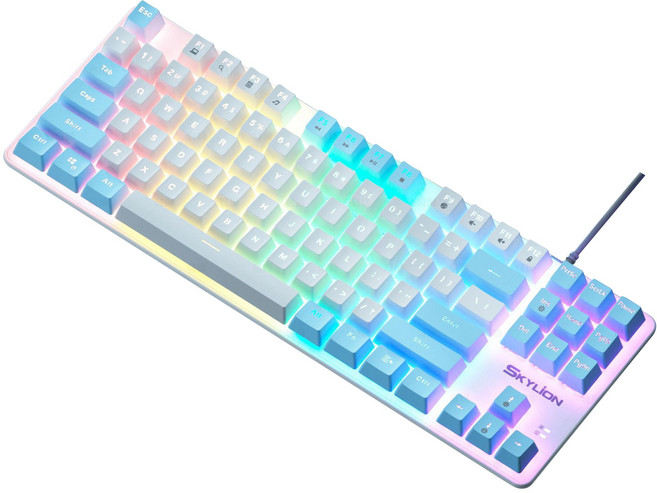 Skylion 人體工學設計鍵盤，多色背光，舒適打字體驗，節省空間, 白藍, 青軸