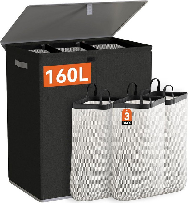 뚜껑이 있는 와우라이브 세탁 바구니 탈착식 가방이 160리터 대형 3구획 세탁실 욕실 기숙사용 접이식 방수 더러운 옷 블랙, 160L (24.8x 14 x, Black