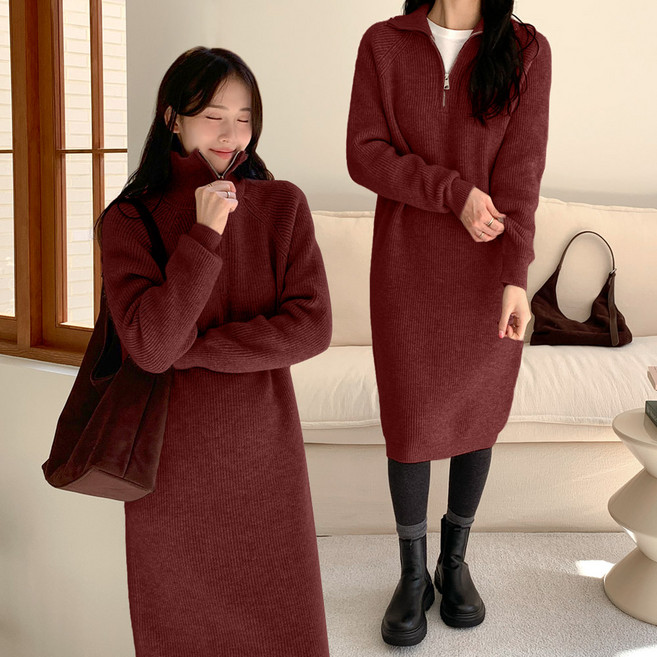 데일리앤 스톡 여성 나그랑 하이넥 반집업 카라넥 루즈핏 니트 롱 원피스