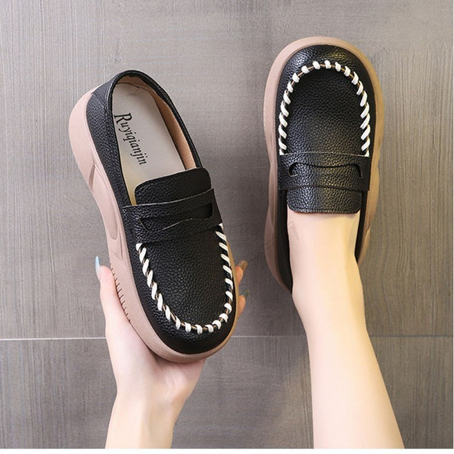 Krismile여성 부드럽고 푹신한 가죽 단화 슬립온 키높이 5cm 컴포트 편리화 소프트 플랫슈즈 발편한 로퍼+YH/7*26