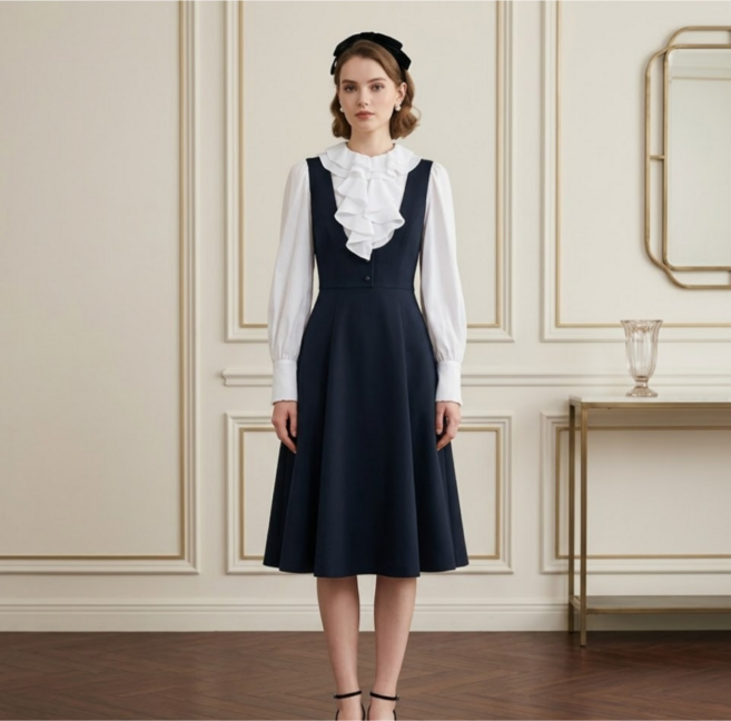 [국내백화점] JJ지고트 러플 셔츠 배색 플레어 원피스 BLACK