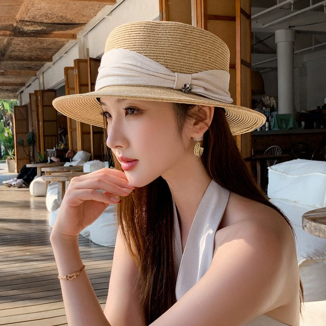 法式復古英倫風平頂草帽女夏季氣質海邊沙灘透氣拉菲草帽