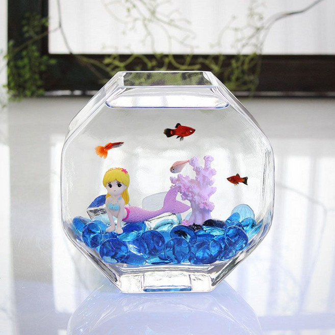 玻璃魚缸 花瓶 水培器皿 桌面小型魚缸, 1個, 小號魚缸+套餐3
